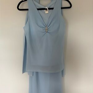Elegant Light Blue Sleeveless blouse, skirt and scarf